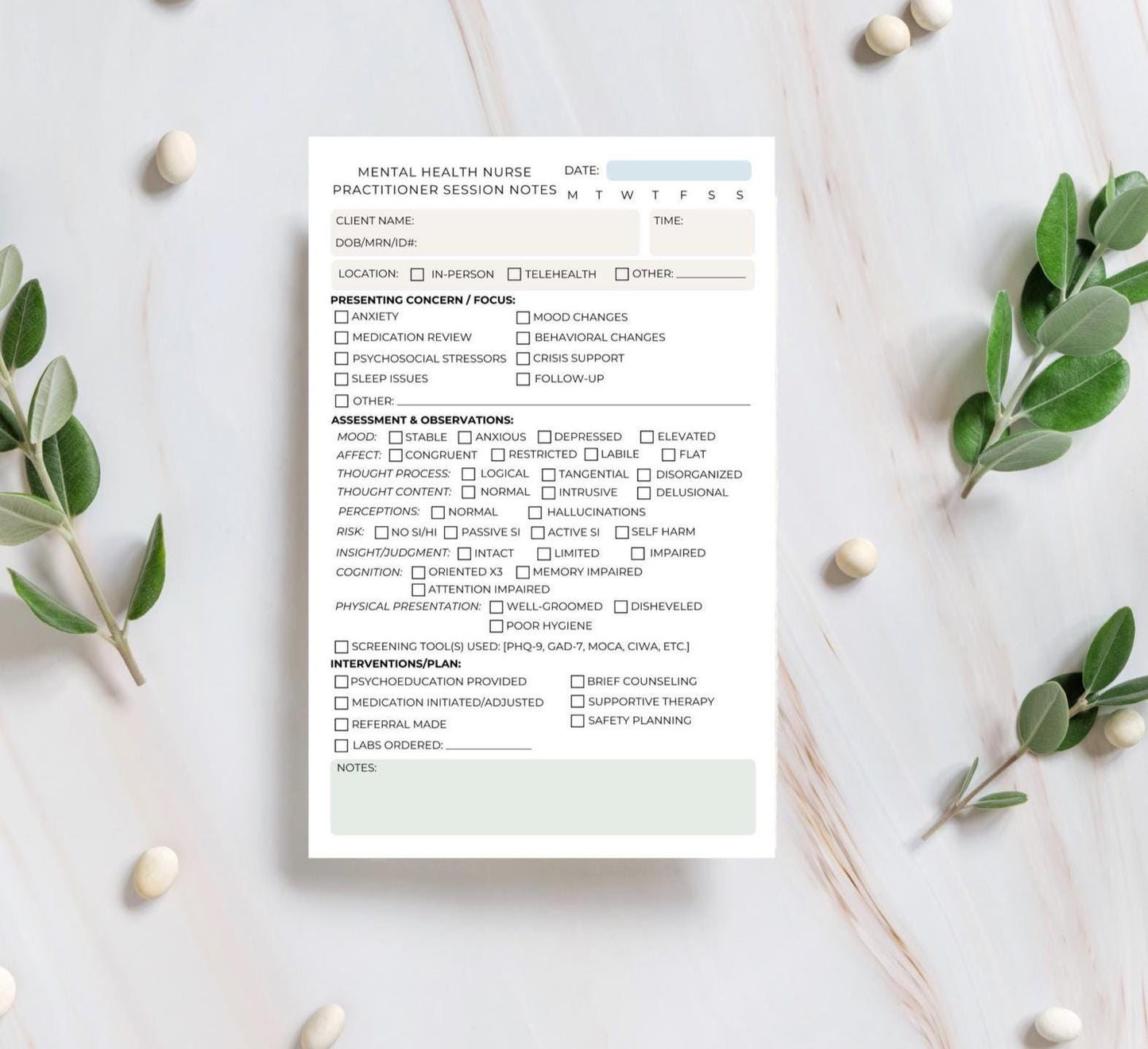 Mental Health Nurse Practitioner Session Note | MHNP Notepad for Assessment & MSE | Therapist Documentation Tool | 5.5x8.5 Notepad