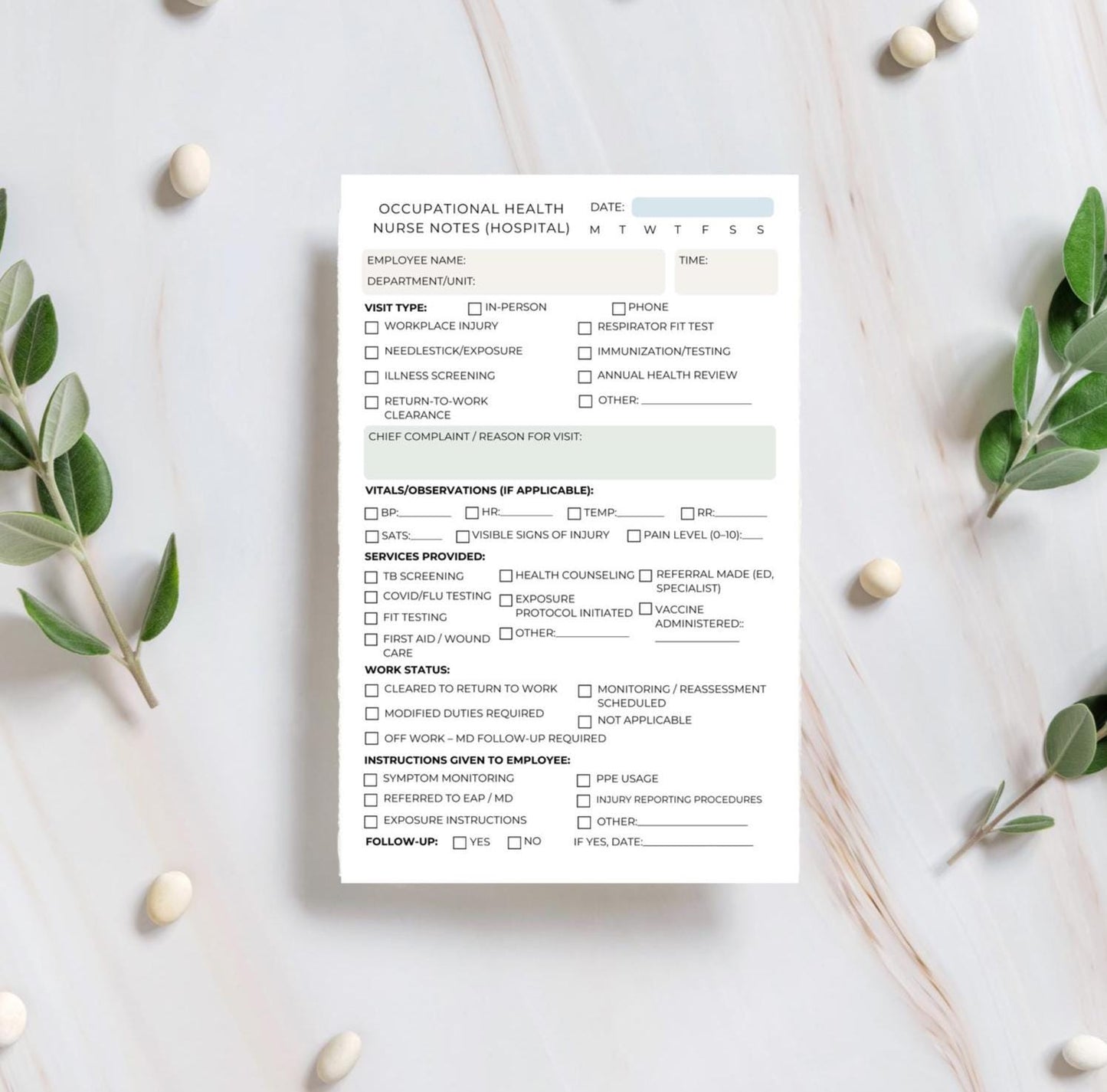 Hospital Occupational Health Nurse Session Notepad | Employee Visit Log | OHN Paperwork | Workplace Injury Notes | RN Notepad OHN clinical