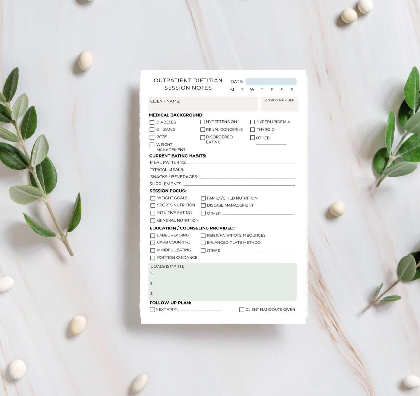 Outpatient Dietitian Session Notepad  Client Nutrition Counseling Form  Dietitian Note Pad registered dietitian Lifestyle Tracking Dietitian