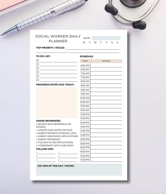 Social Worker Daily Planner Notepad | Mental Health & School Social Work Organizer | Notes, Schedule, Admin Tasks, Follow-Ups | SW Gift RSW