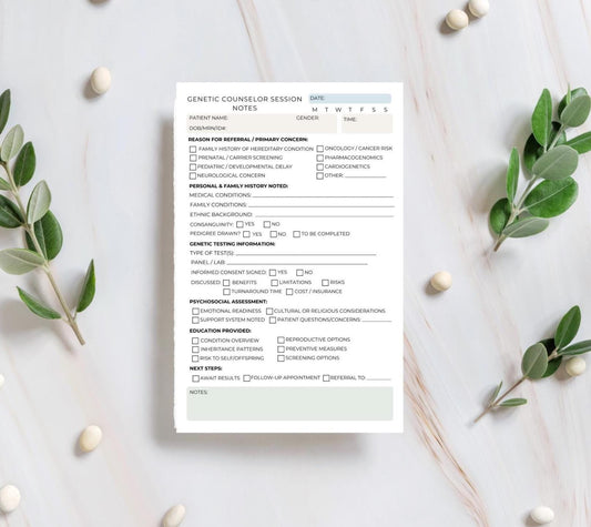 Genetic Counselor Session Notes Notepad – Patient Assessment Log for Prenatal, Cancer, and General Genetics Counseling Clinical Note Pad DNA