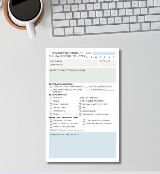 Sonography Student Clinical Reference Notepad | Ultrasound Tech Student Notes | 5.5x8.5" Notepad for Clinical Rotations | DMS School Tool