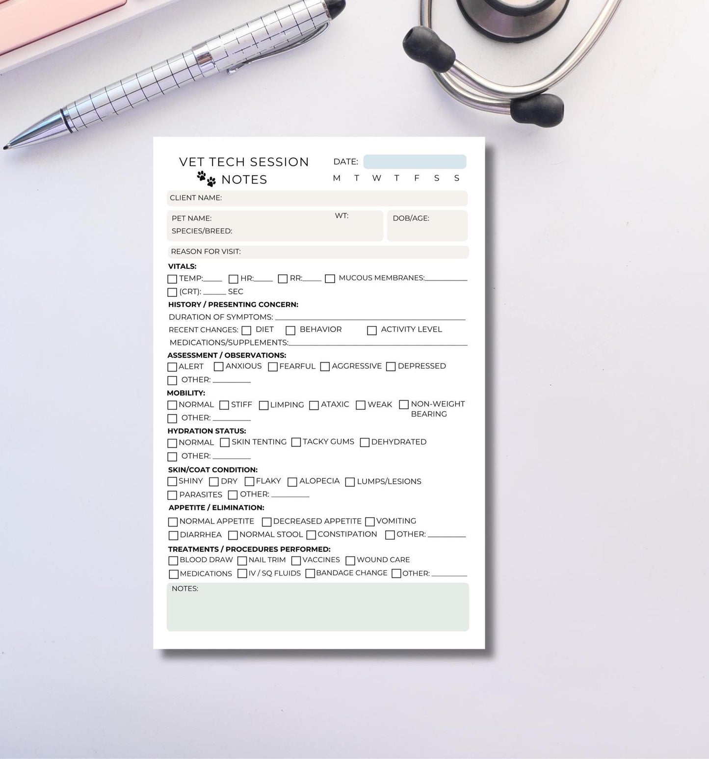 Vet Tech Session Notes Notepad | Veterinary Technician Patient Care Log Medical Record Pad | Animal Health Chart veterinary medicine notes
