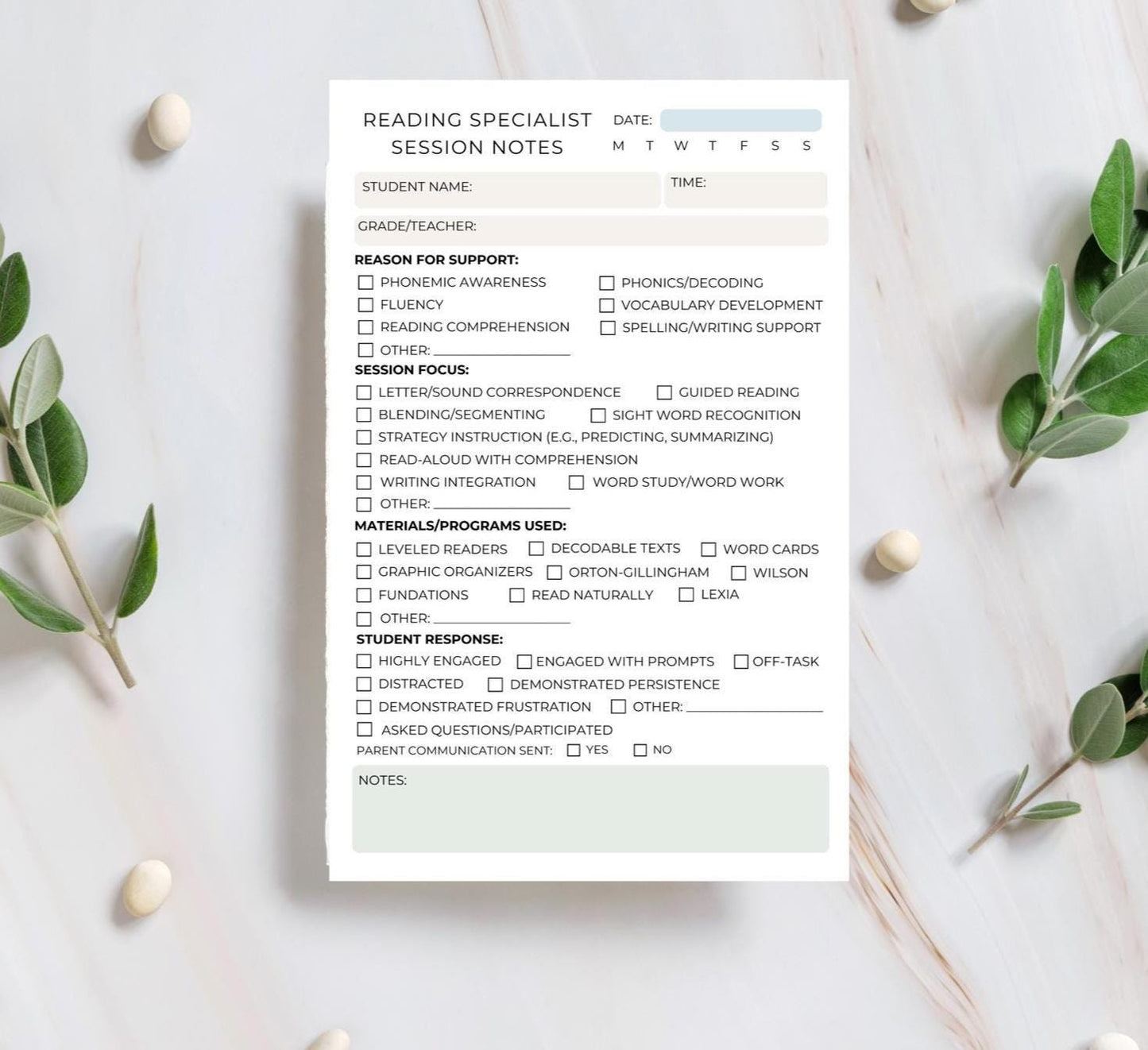 Reading Specialist Session Notes Notepad | Literacy Support Log for Educators | RTI Documentation | Teacher Supplies | Intervention Record