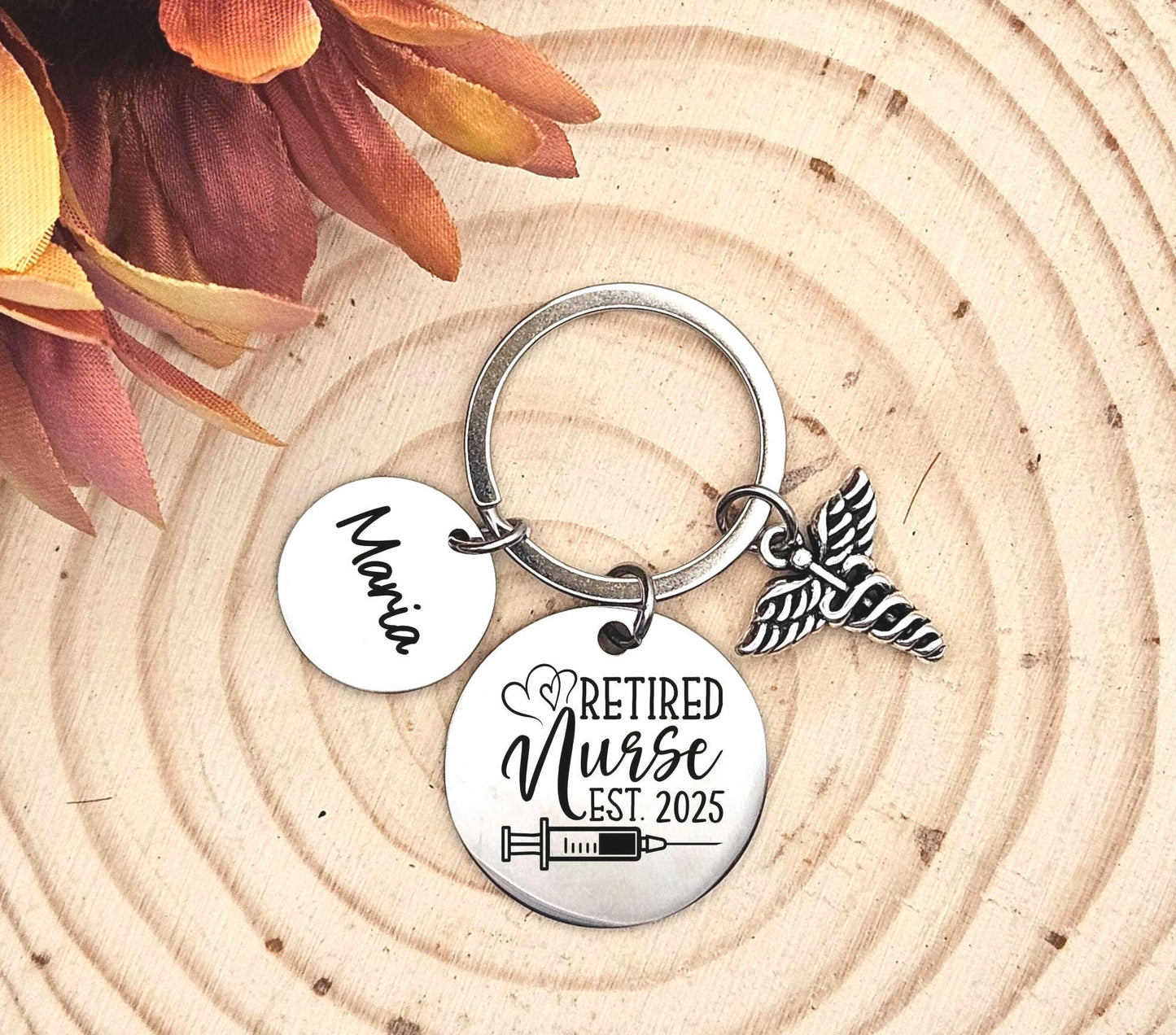 Personalized Retired Nurse Keychain Engraved RN LPN Birthday Key Ring Gifts for her custom graduation nursing retirement keyring gift