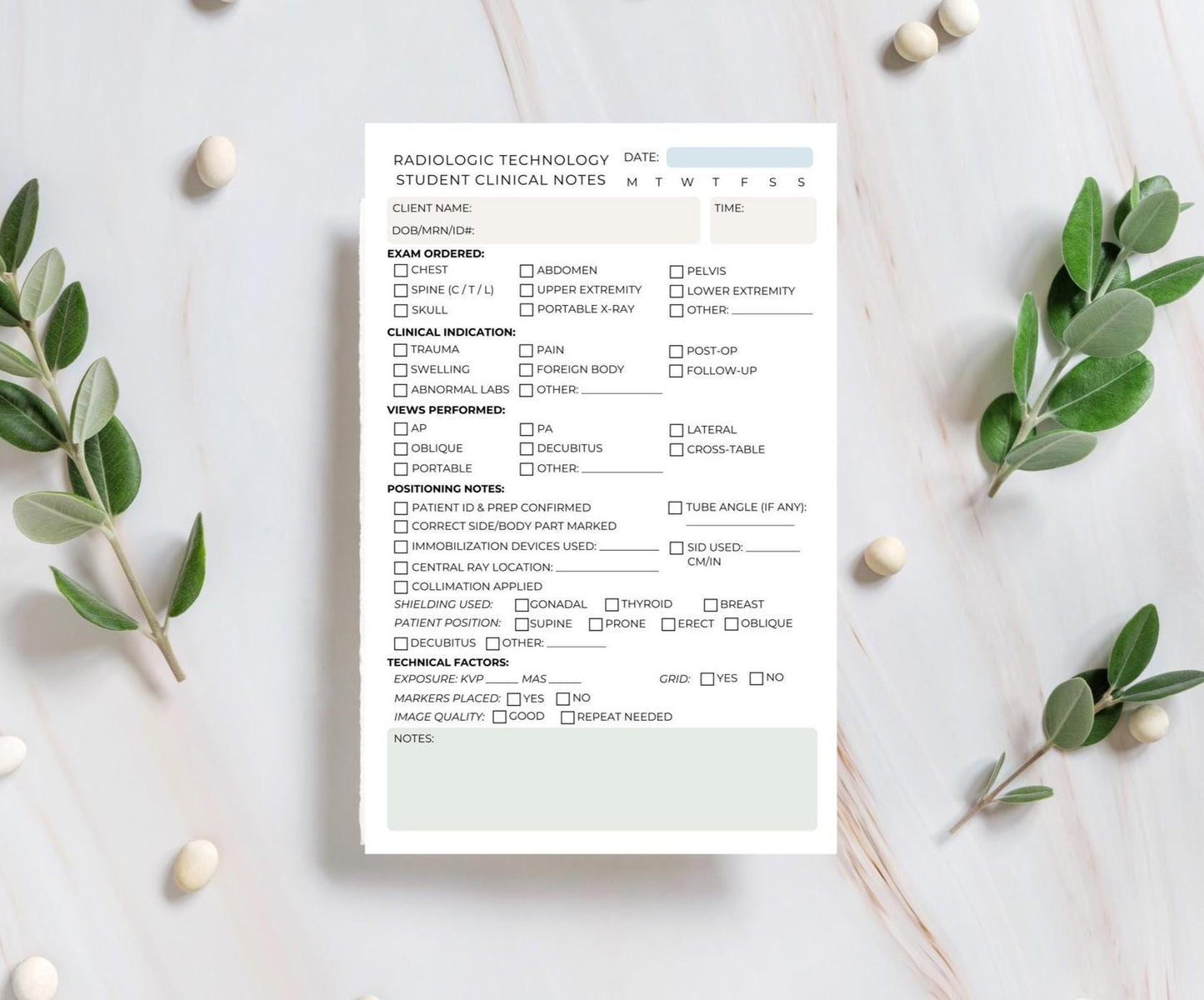 Radiologic Technology Student Clinical Reference Notepad | X-ray Tech School Cheat Sheet | 5.5x8.5” Clinical Tracker for Rad Tech Students