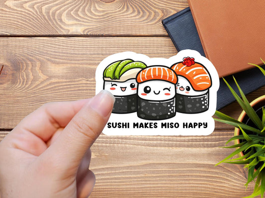 Cute Sushi waterproof vinyl sticker laptop locker sushi lover happy sticker miso lover kawaii good vibes sushi take out sticker miso happy