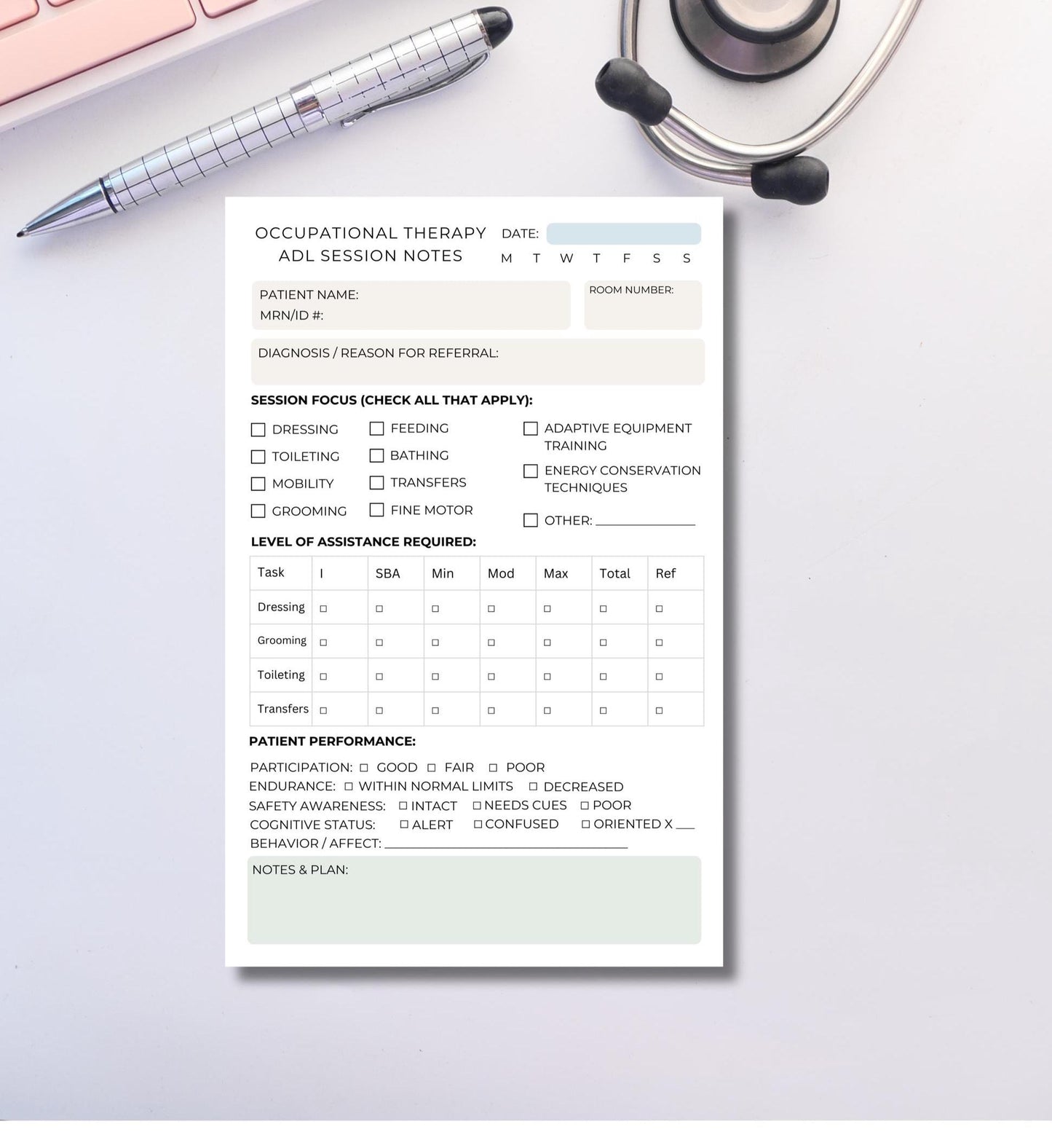 Occupational Therapy Daily ADL Session Notes Notepad | Occupational Therapy SOAP Tracker | Rehab Progress Log for Occupational Therapy OTA