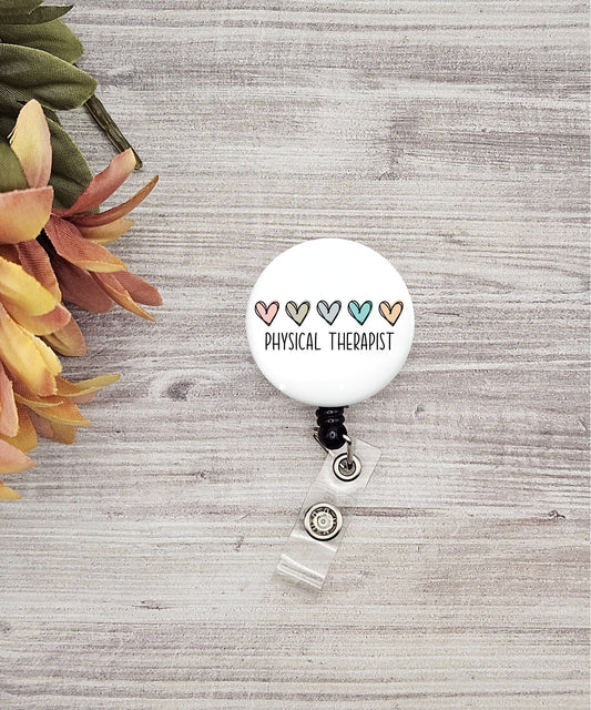 Physical Therapist button name badge holder hearts detail PT gift graduation physical therapy gift student badge reel retractable PTA gift