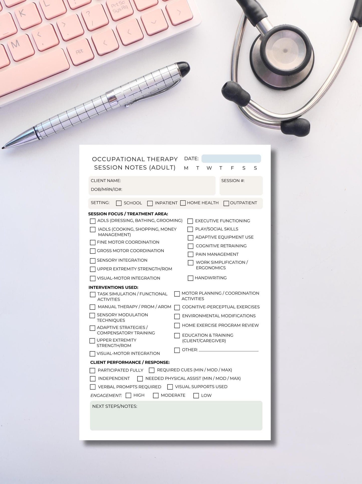 Occupational Therapy Session Notes Notepad | OT Adult Documentation Tool for Inpatient Outpatient Home Health Therapist Paperwork Organizer