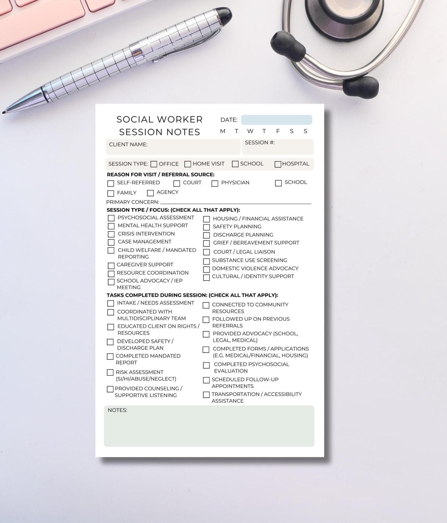 Social Worker Session Notes Notepad | Case Management, Counseling, Crisis Support, Discharge Planning | Social Work Documentation Pad