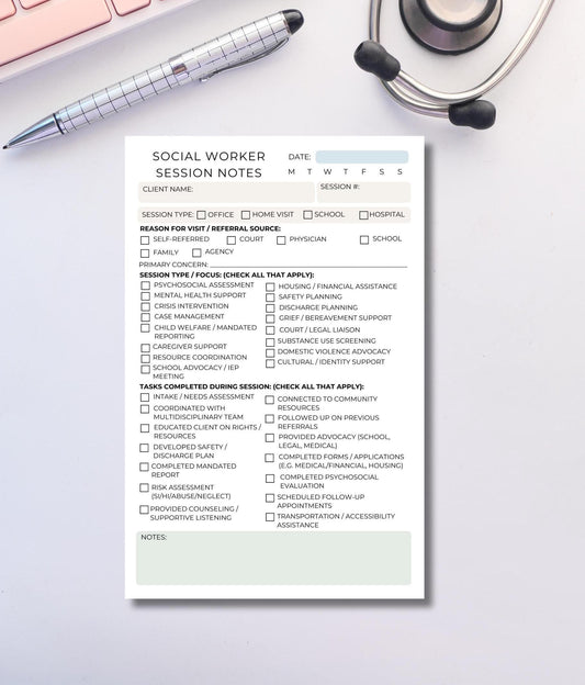 Social Worker Session Notes Notepad | Case Management, Counseling, Crisis Support, Discharge Planning | Social Work Documentation Pad