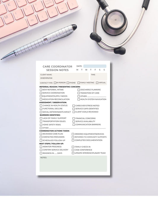 Care Coordinator Session Note Notepad Case Management Notes Social Work Documentation Healthcare Professional Notepad Health Care Navigator
