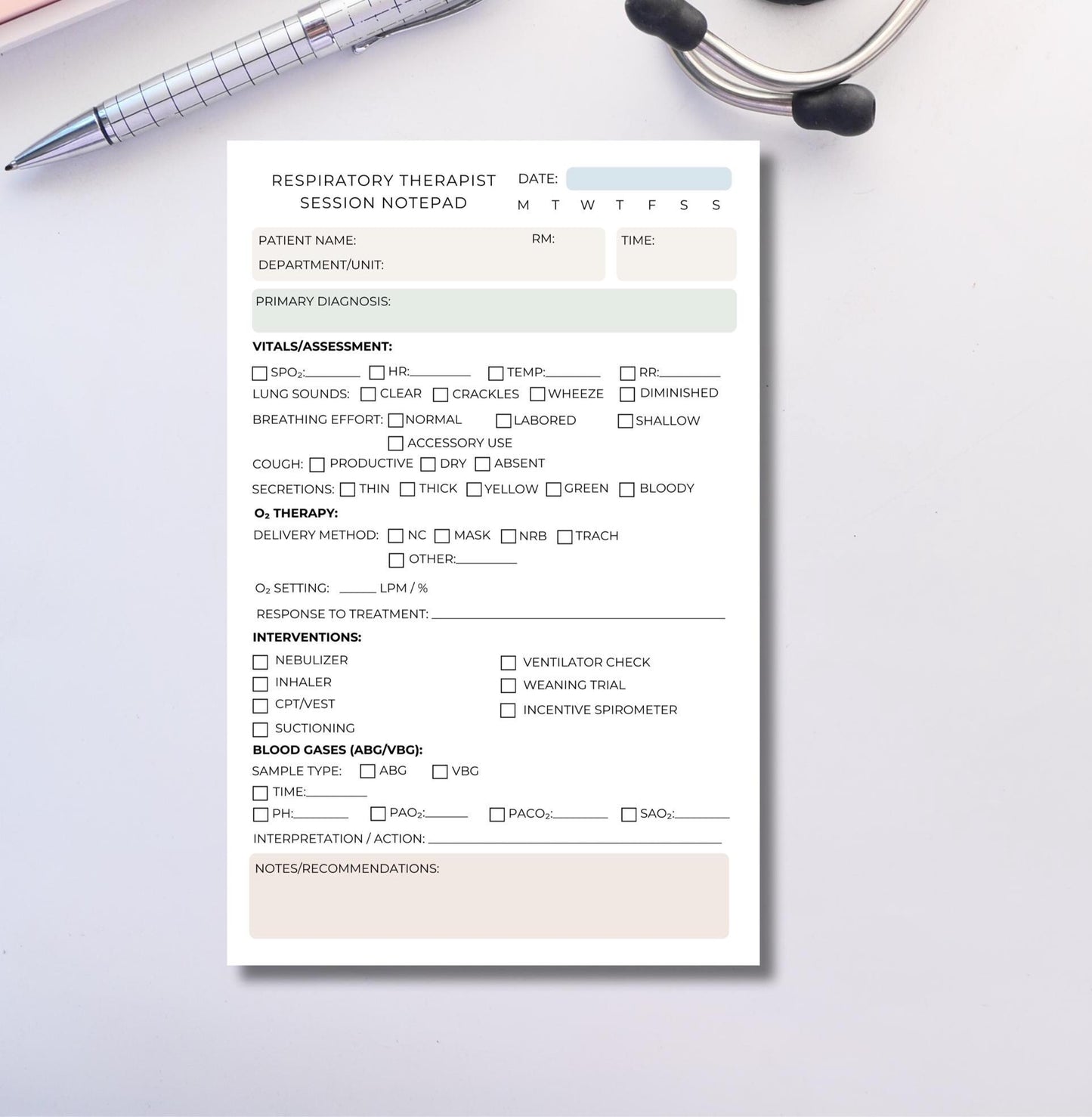 Respiratory Therapist Session Notes Notepad | RT Assessment Log | ABG Tracking | Daily Treatment Chart | Medical Notepad Healthcare Workers