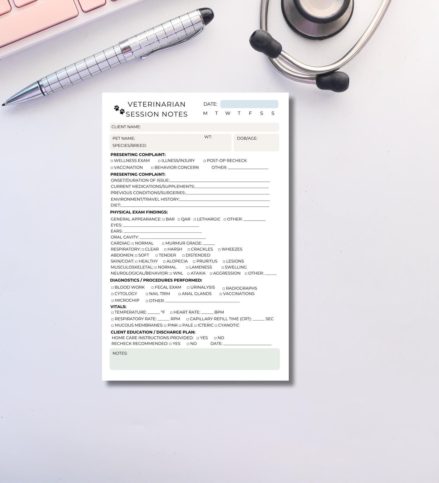 Veterinarian Session Notepad | Veterinary Client Visit Notes Vet SOAP Format Pad | DVM Patient Charting Sheet | Vet Clinic Supplies