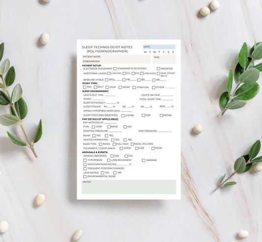 Sleep Technologist Notepad | Polysomnographer Sleep Study Log | Sleep Tech Session Notes for PSG, Titration, and Patient Monitoring