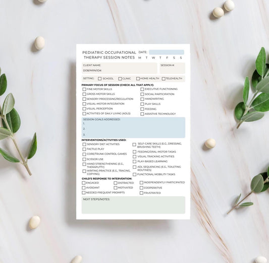 Pediatric Occupational Therapy Session Notes Notepad | OT Daily Progress Tracker for Children OT Documentation for School Clinic Home Health