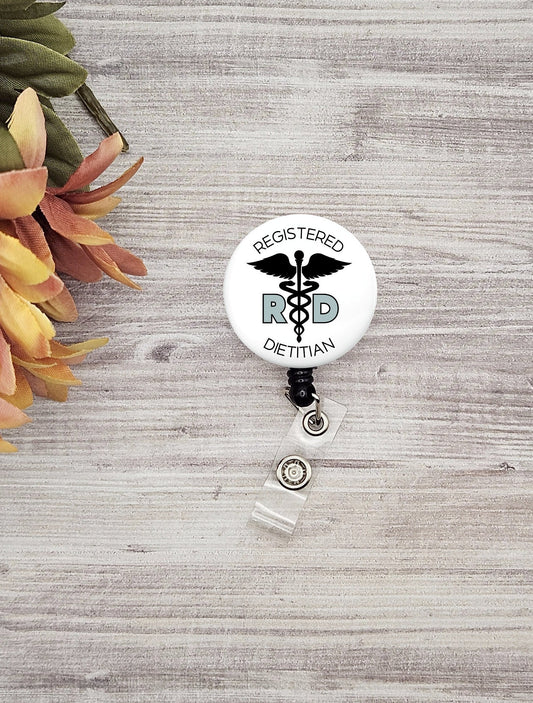 Registered dietitian button name badge holder with caduceus detail RD gift for dietitian graduation gift student badge reel retractable
