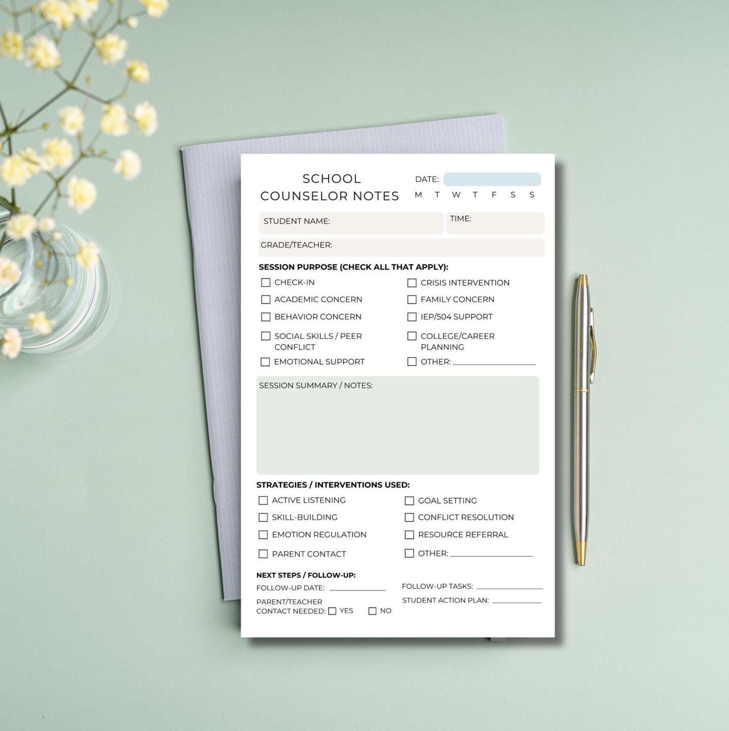School Counselor Session Notes Pad | Student Support Notepad for K-12 Counseling Documentation Form | Therapy Check-In Log guidance office