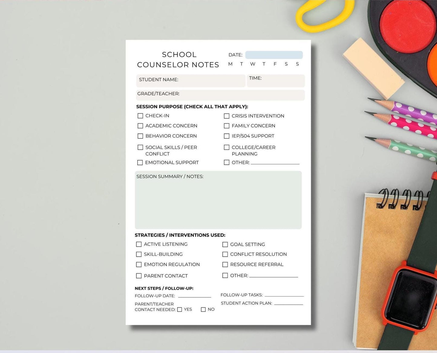 School Counselor Session Notes Pad | Student Support Notepad for K-12 Counseling Documentation Form | Therapy Check-In Log guidance office