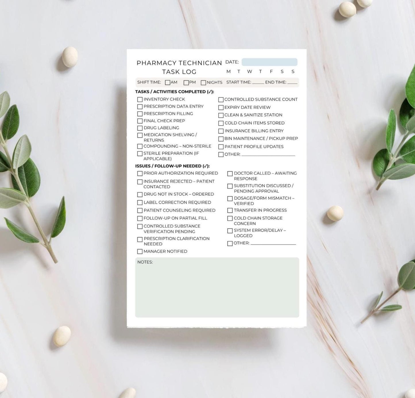 Pharmacy Technician Task Log | Daily Shift Notes | Rx Workflow Notepad for Techs | 50 Tear-Away Sheets | 5.5x8.5” | Pharmacy Organizer Pad