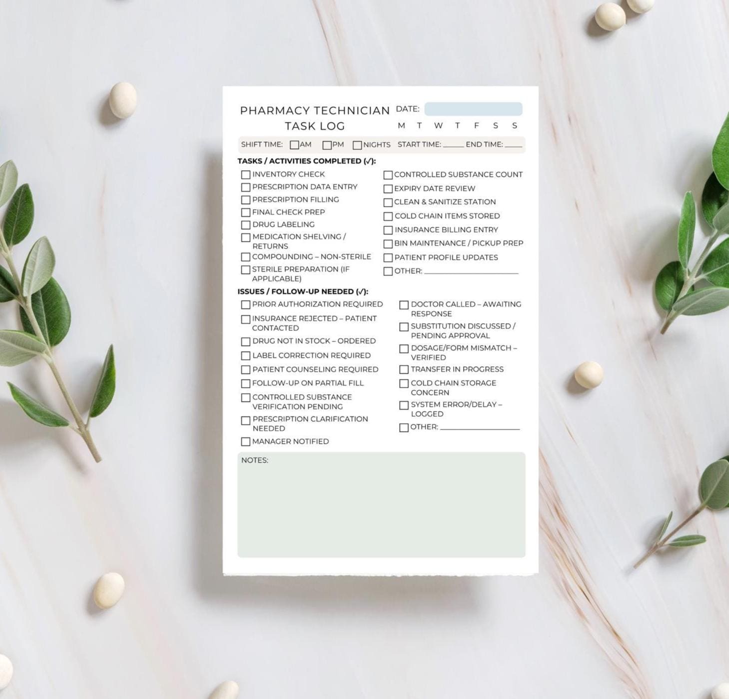 Pharmacy Technician Task Log | Daily Shift Notes | Rx Workflow Notepad for Techs | 50 Tear-Away Sheets | 5.5x8.5” | Pharmacy Organizer Pad