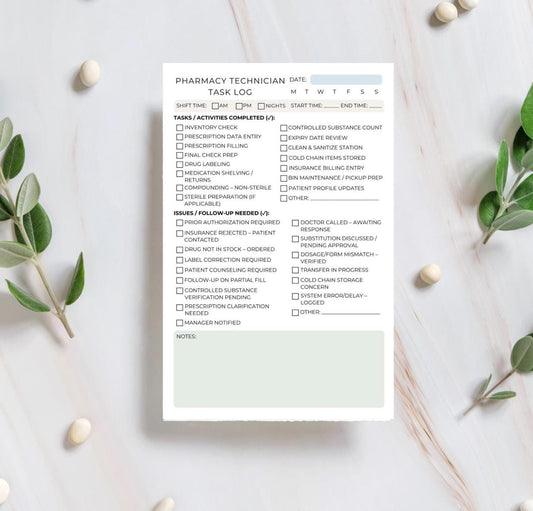 Pharmacy Technician Task Log | Daily Shift Notes | Rx Workflow Notepad for Techs | 50 Tear-Away Sheets | 5.5x8.5” | Pharmacy Organizer Pad