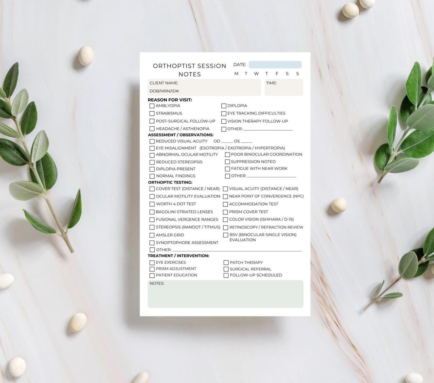 Orthoptist Session Note Notepad | Eye Movement Binocular Vision Chart Tear-Off Sheets for Vision Therapists Eye Clinics Orthoptist Charts