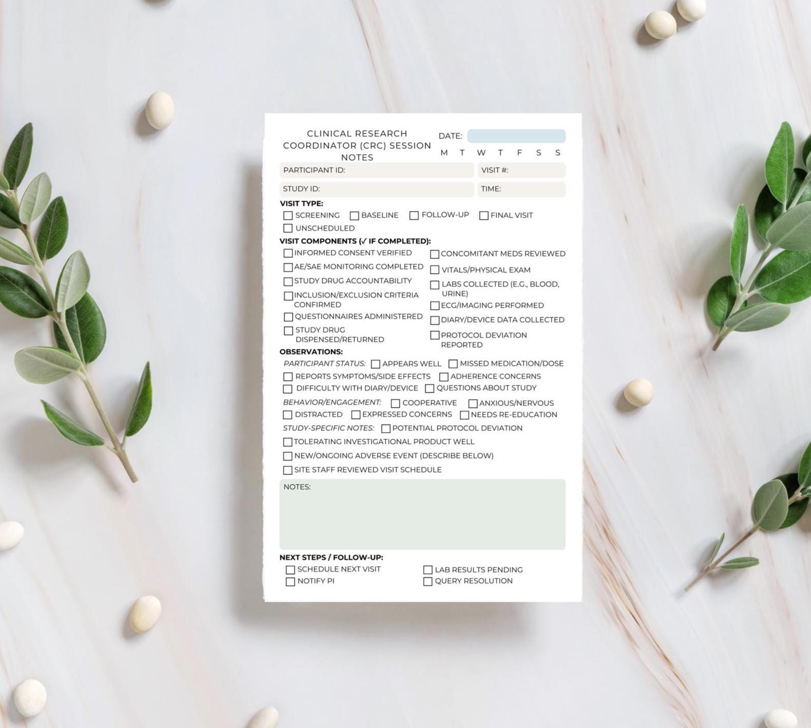Clinical Research Coordinator Session Notes | CRC Notepad for Study Visits Tear-Away Pad for Trials & Observations Clinical Researcher Notes