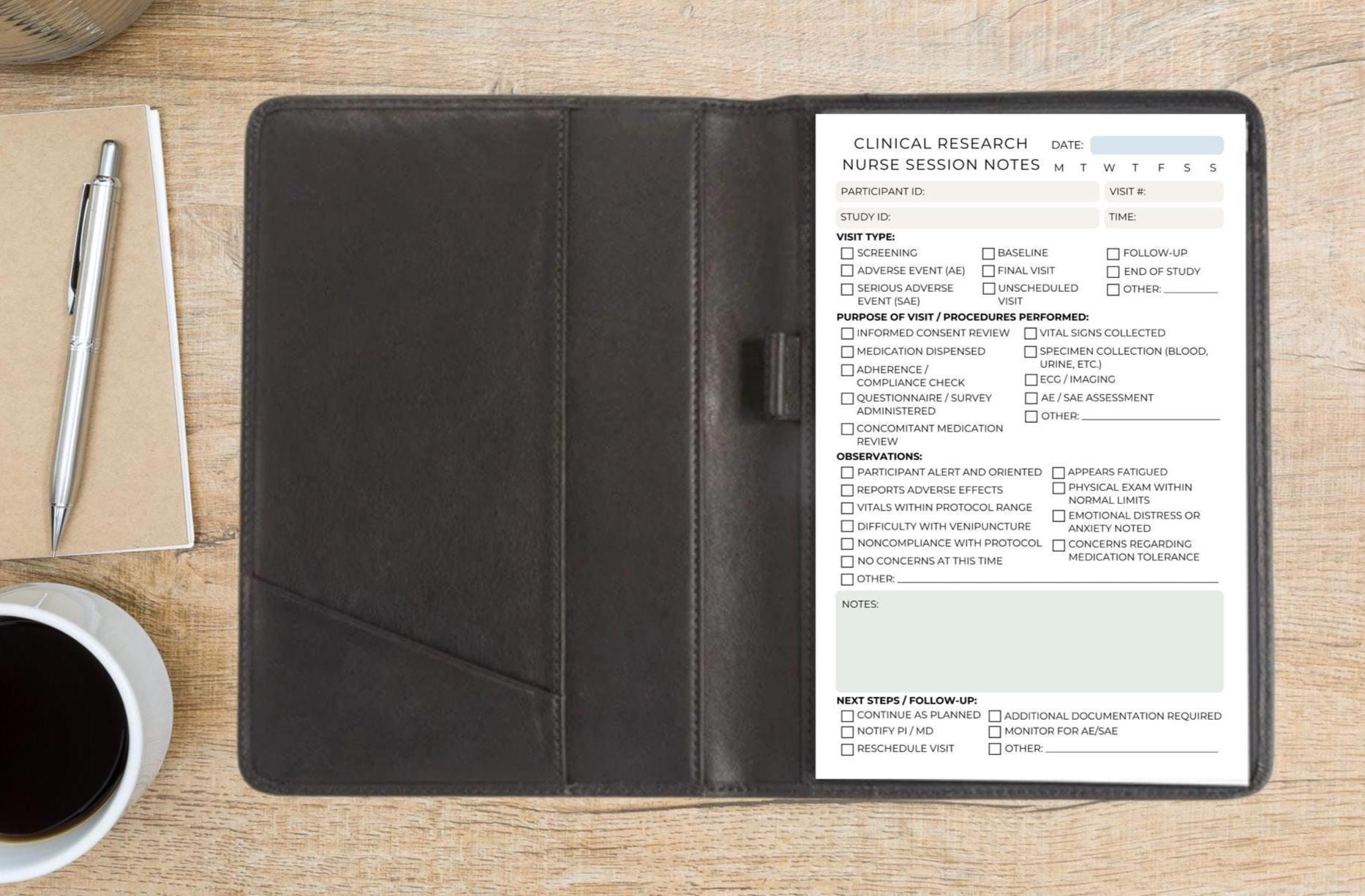 Clinical Research Nurse Session Note Notepad Clinical Trial Visit Log, Medical Research Documentation Pad Tear-Away Sheets CRN Notes Nursing