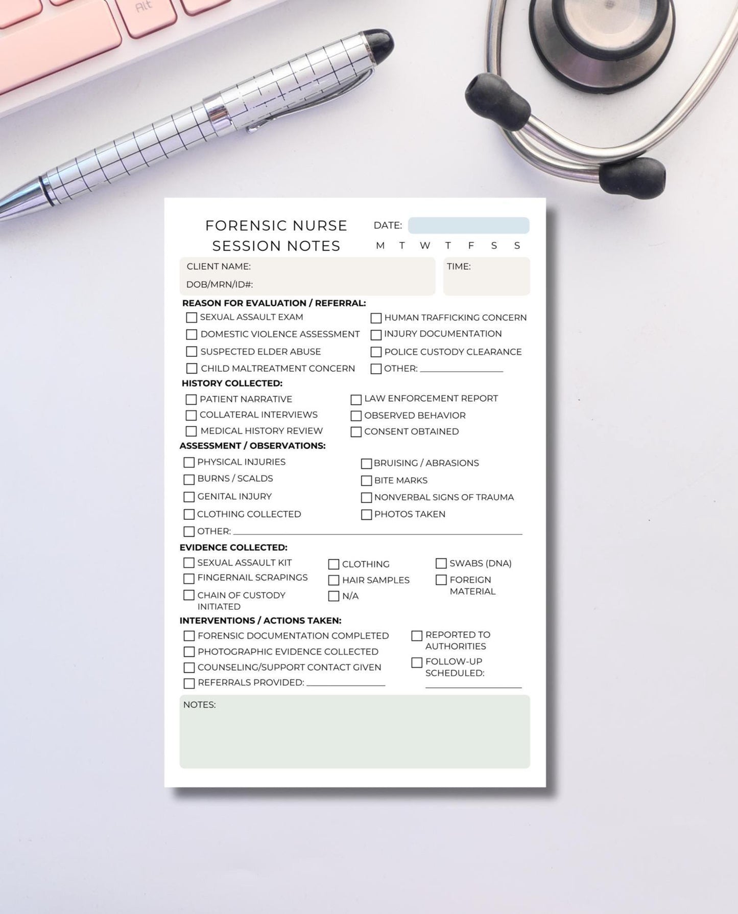 Forensic Nurse Session Note Notepad SANE Assault Exam Charting Pad Medical Documentation Forensic Nursing Stationery SANE Nursing Forensic