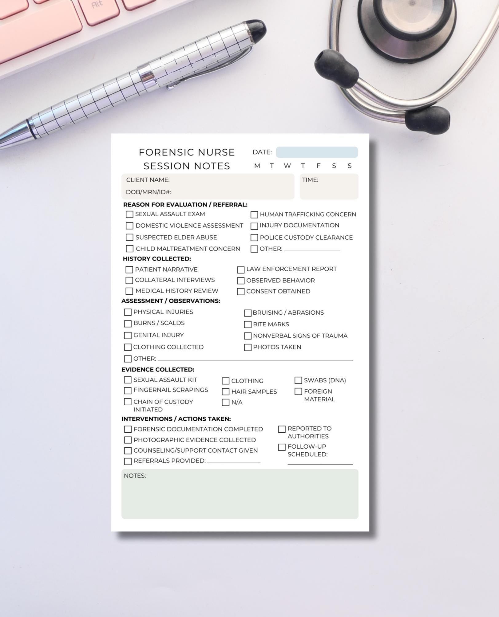 Forensic Nurse Session Note Notepad SANE Assault Exam Charting Pad Medical Documentation Forensic Nursing Stationery SANE Nursing Forensic