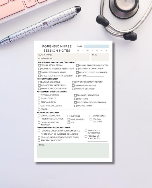 Forensic Nurse Session Note Notepad SANE Assault Exam Charting Pad Medical Documentation Forensic Nursing Stationery SANE Nursing Forensic