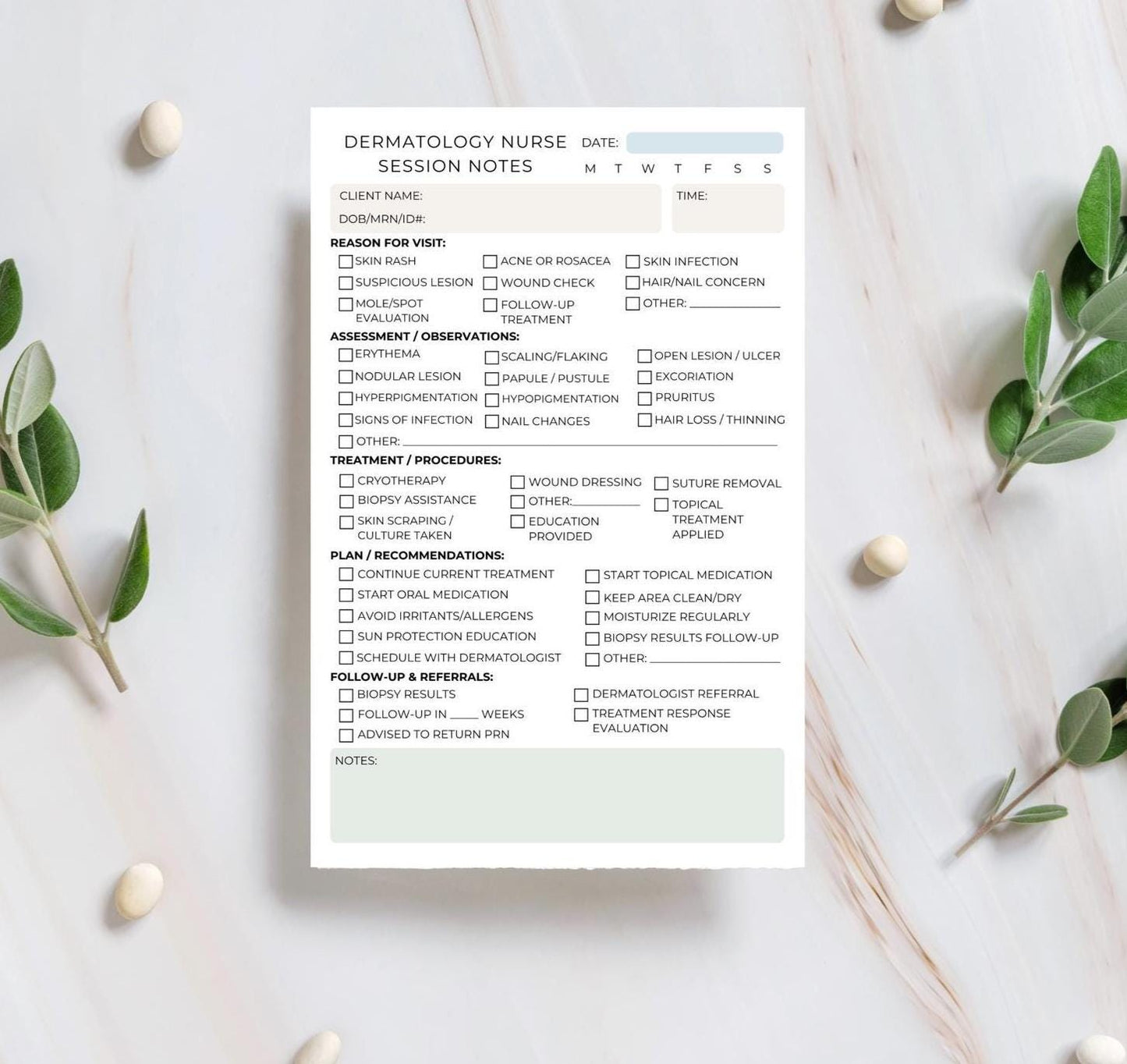 Dermatology Nurse Session Note Notepad Skin Assessment Tracker Tear-Off Sheets Medical Office Supplies Nurse Dermatology Nursing Office Note