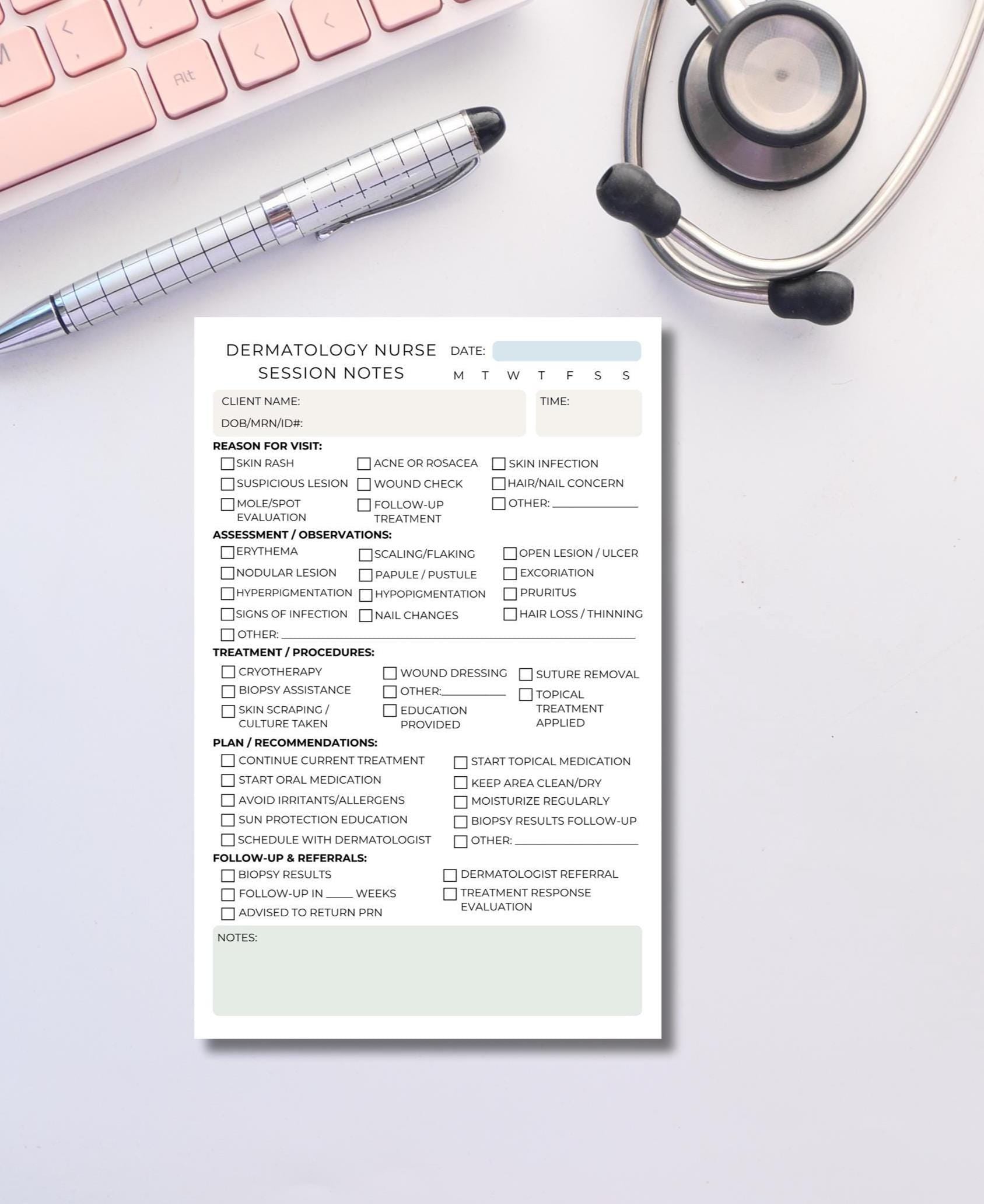 Dermatology Nurse Session Note Notepad Skin Assessment Tracker Tear-Off Sheets Medical Office Supplies Nurse Dermatology Nursing Office Note
