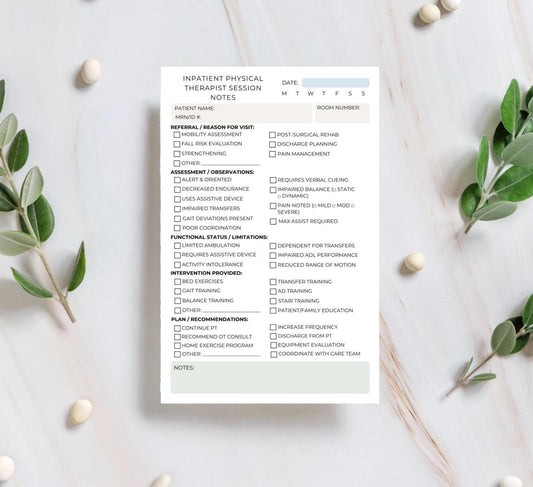 Inpatient Physical Therapist Session Note Notepad | PT Documentation Pad for Hospital Use | Functional Status & Assessment Checklist Physio