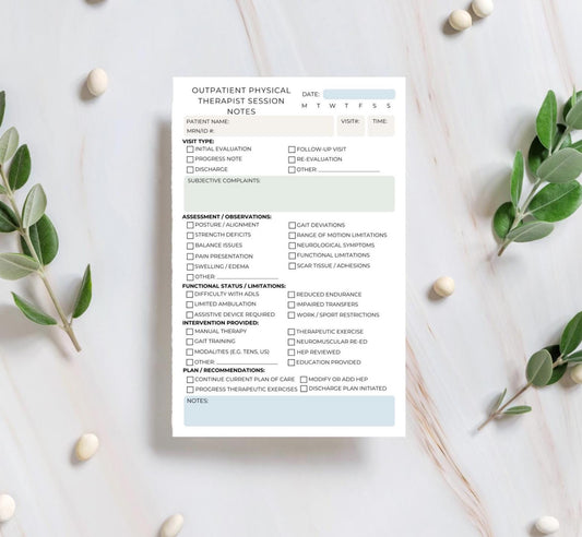 Outpatient Physical Therapist Session Note Notepad | PT Progress Tracking Pad | Functional Status, Treatment, & Goals Checklist PT Notepad