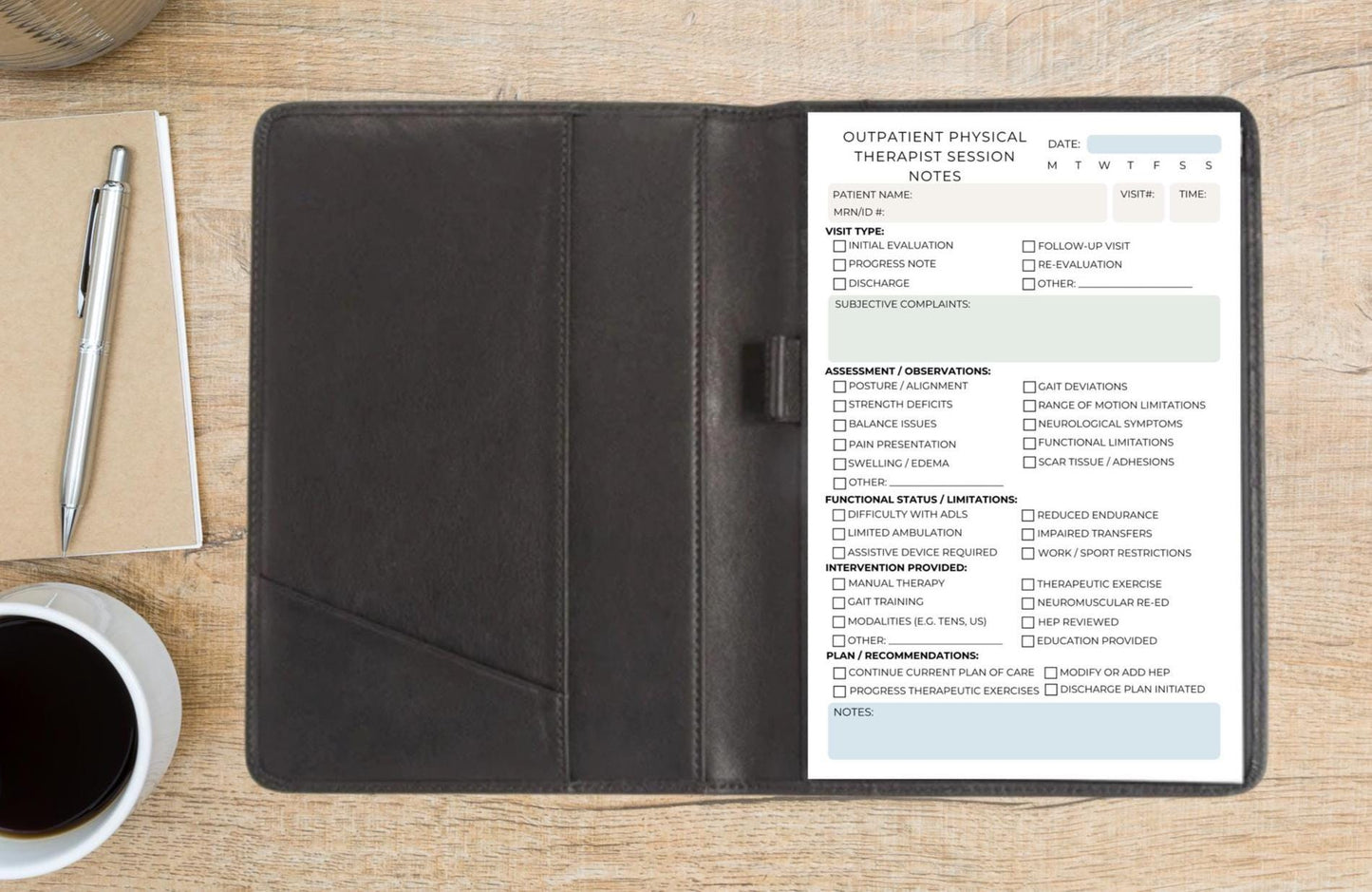 Outpatient Physical Therapist Session Note Notepad | PT Progress Tracking Pad | Functional Status, Treatment, & Goals Checklist PT Notepad