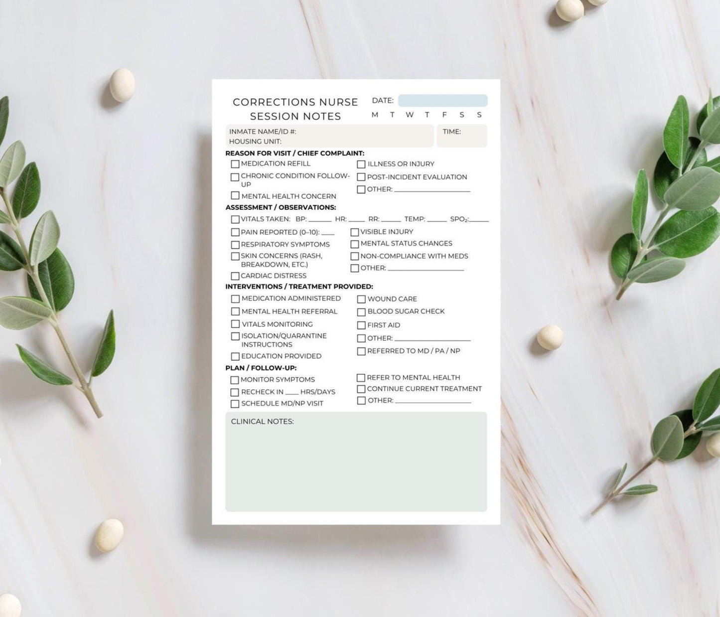 Corrections Nurse Session Note Notepad | Jail & Prison Medical Log | Half Letter RN LPN Documentation Sheet Secure Facility Forms Jail Nurse
