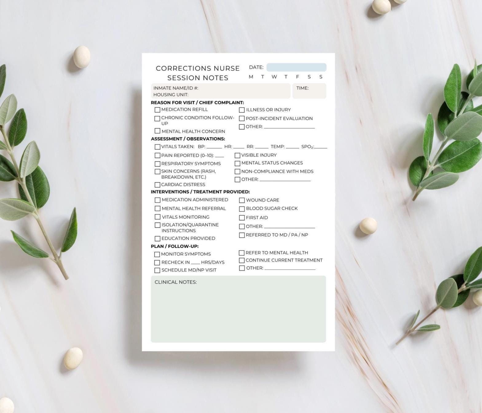 Corrections Nurse Session Note Notepad | Jail & Prison Medical Log | Half Letter RN LPN Documentation Sheet Secure Facility Forms Jail Nurse
