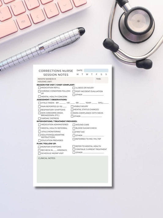 Corrections Nurse Session Note Notepad | Jail & Prison Medical Log | Half Letter RN LPN Documentation Sheet Secure Facility Forms Jail Nurse