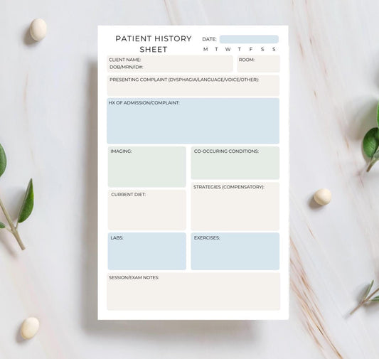 SLP Patient History Notepad | Speech-Language Pathology Intake Form | 5.5x8.5” | Presenting Concerns, Diet, Strategies, Labs & Notes SLPA