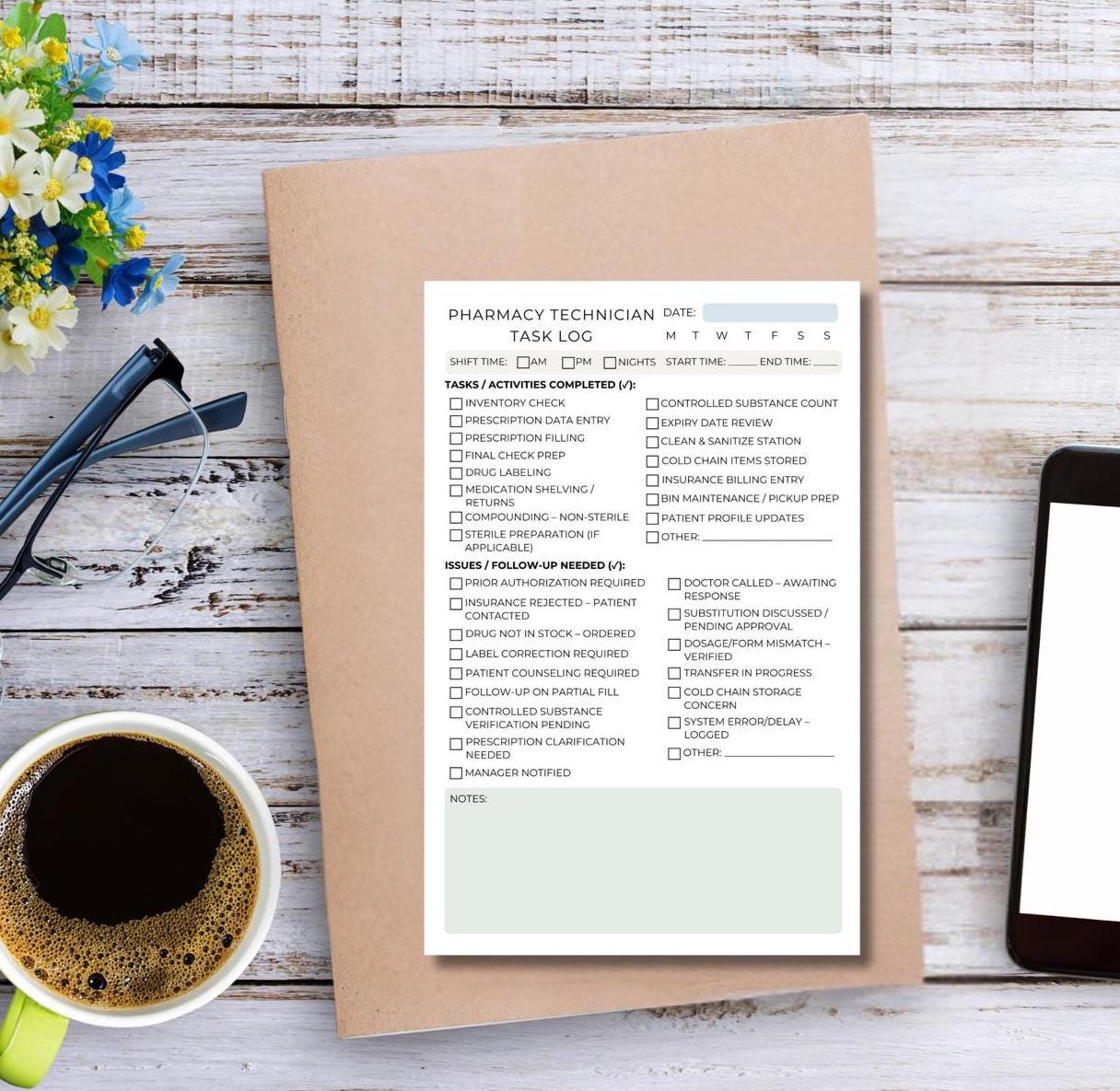 Pharmacy Technician Task Log | Daily Shift Notes | Rx Workflow Notepad for Techs | 50 Tear-Away Sheets | 5.5x8.5” | Pharmacy Organizer Pad