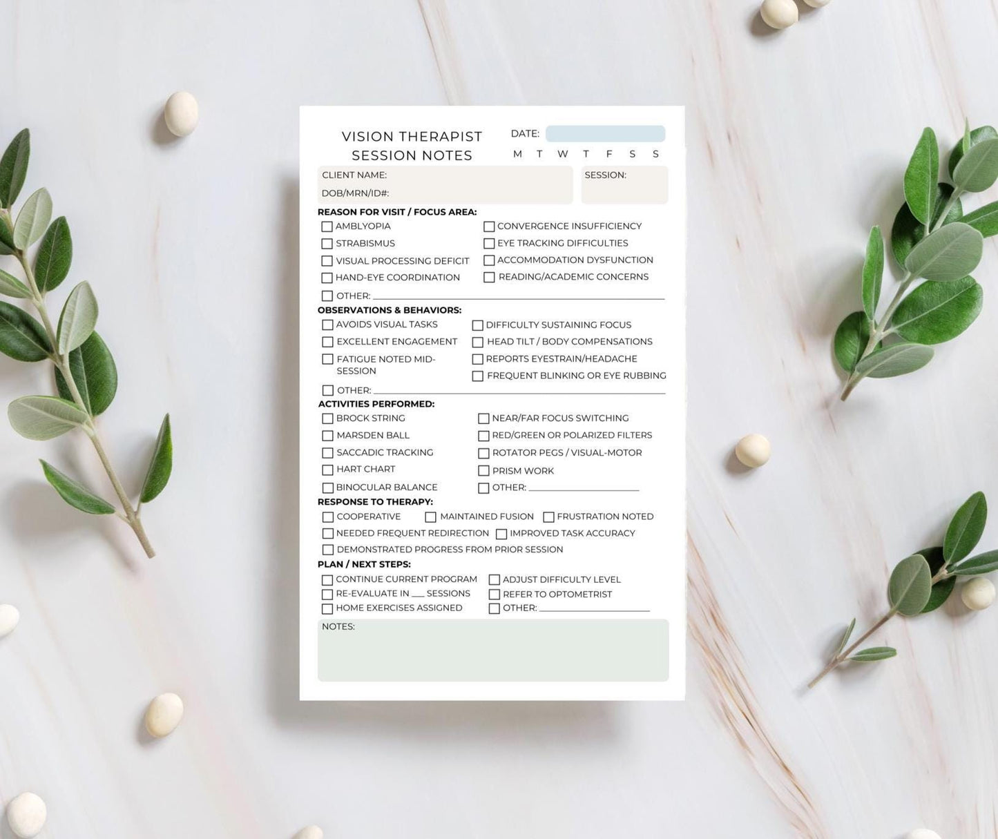 Vision Therapist Session Note Notepad Vision Therapy Documentation Pad for Strabismus, Amblyopia, Tracking & More | 50 Tear-Off Sheets