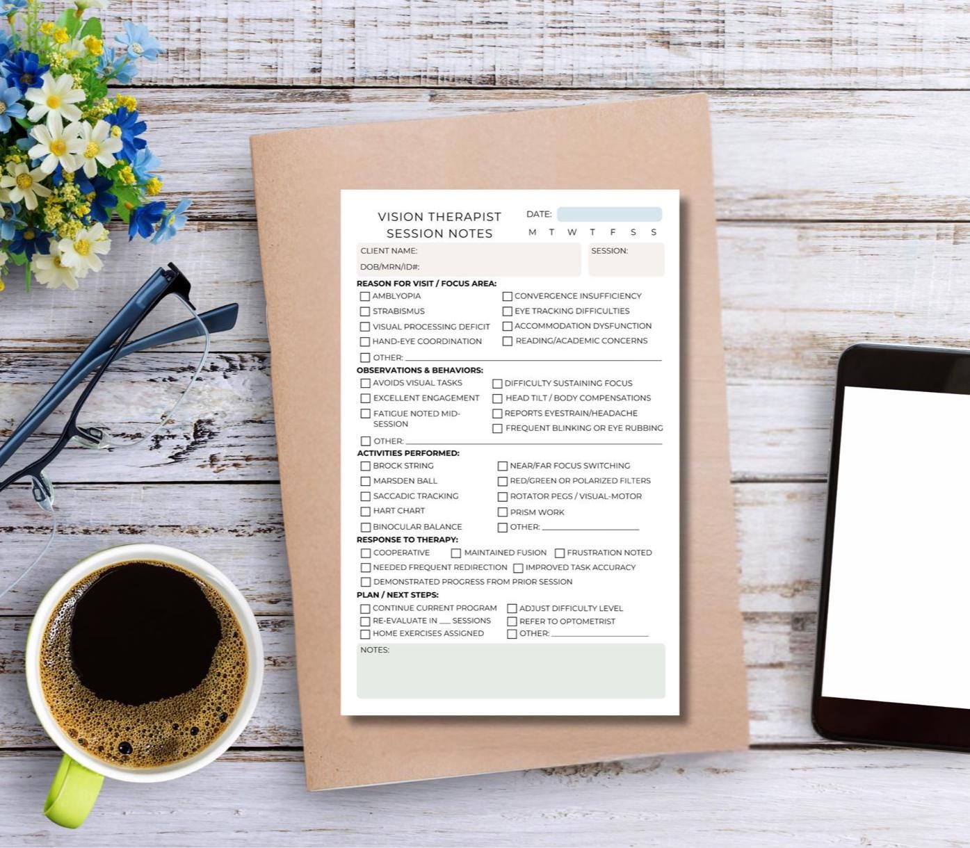 Vision Therapist Session Note Notepad Vision Therapy Documentation Pad for Strabismus, Amblyopia, Tracking & More | 50 Tear-Off Sheets