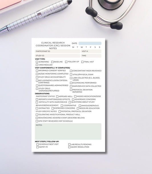 Clinical Research Coordinator Session Notes | CRC Notepad for Study Visits Tear-Away Pad for Trials & Observations Clinical Researcher Notes