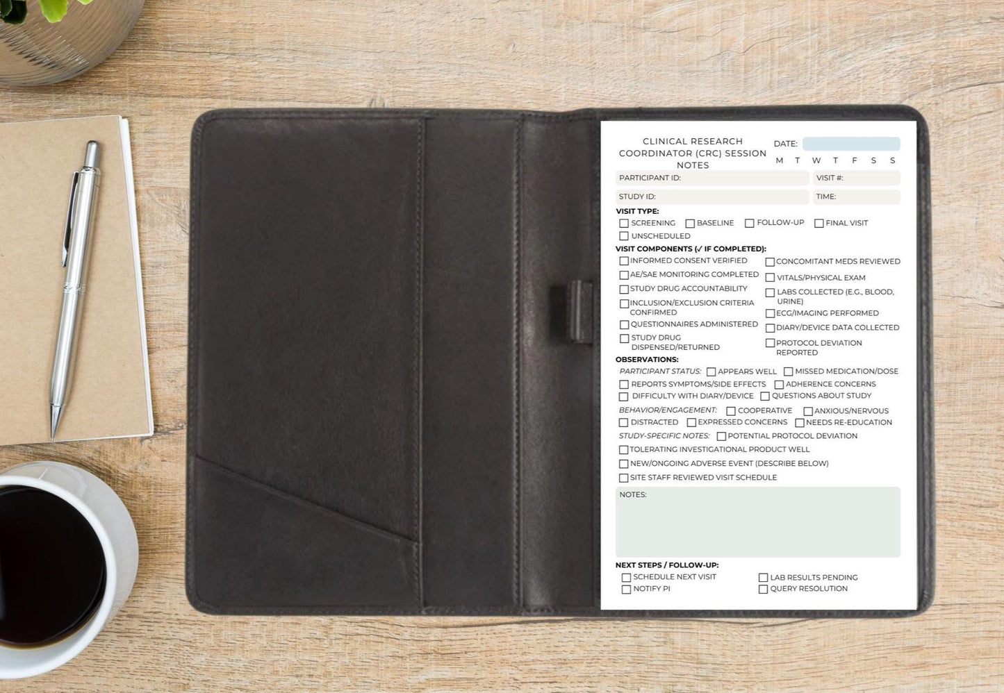 Clinical Research Coordinator Session Notes | CRC Notepad for Study Visits Tear-Away Pad for Trials & Observations Clinical Researcher Notes