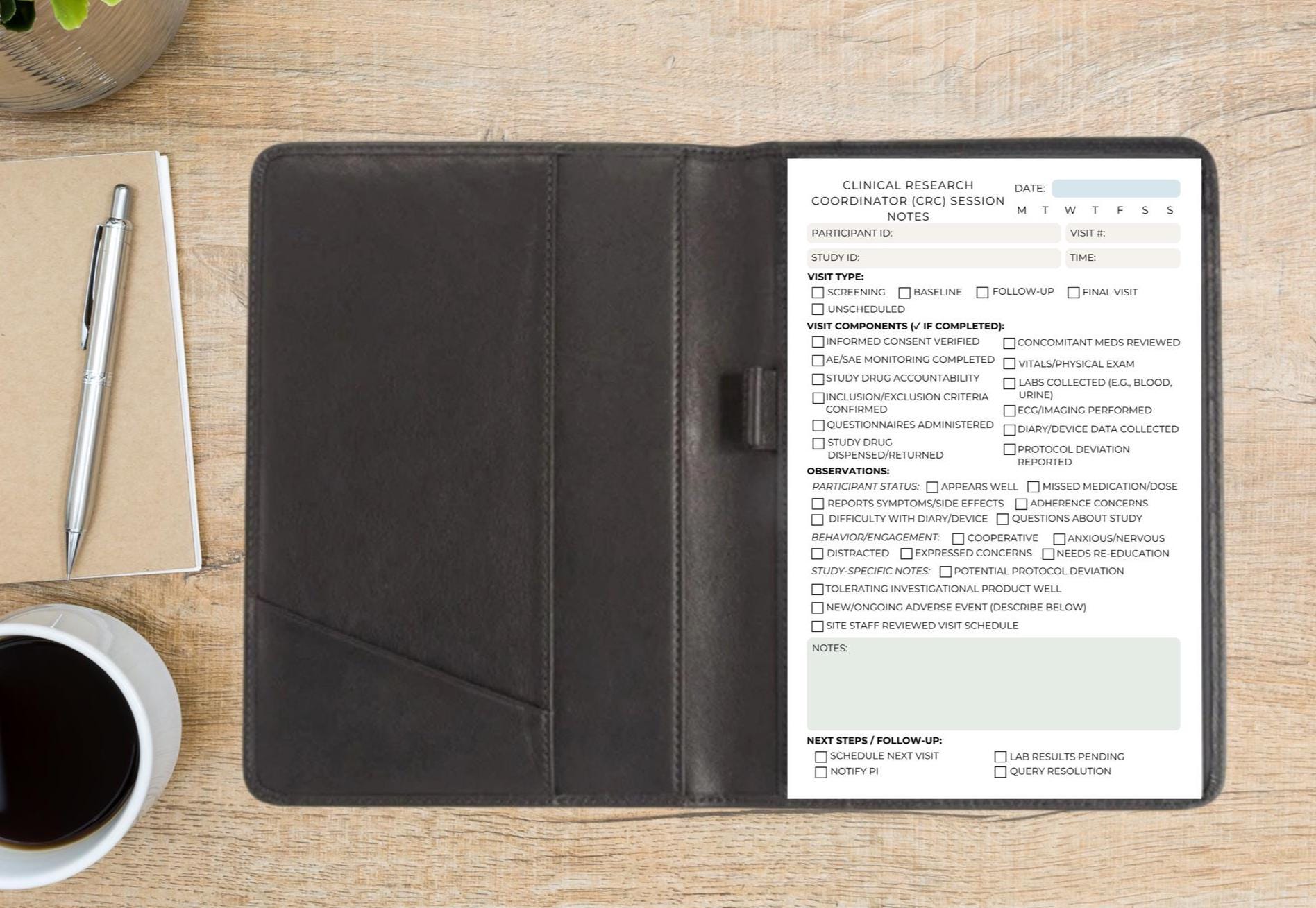 Clinical Research Coordinator Session Notes | CRC Notepad for Study Visits Tear-Away Pad for Trials & Observations Clinical Researcher Notes
