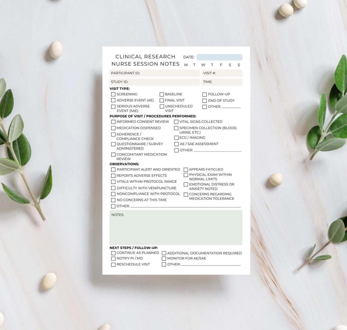 Clinical Research Nurse Session Note Notepad Clinical Trial Visit Log, Medical Research Documentation Pad Tear-Away Sheets CRN Notes Nursing