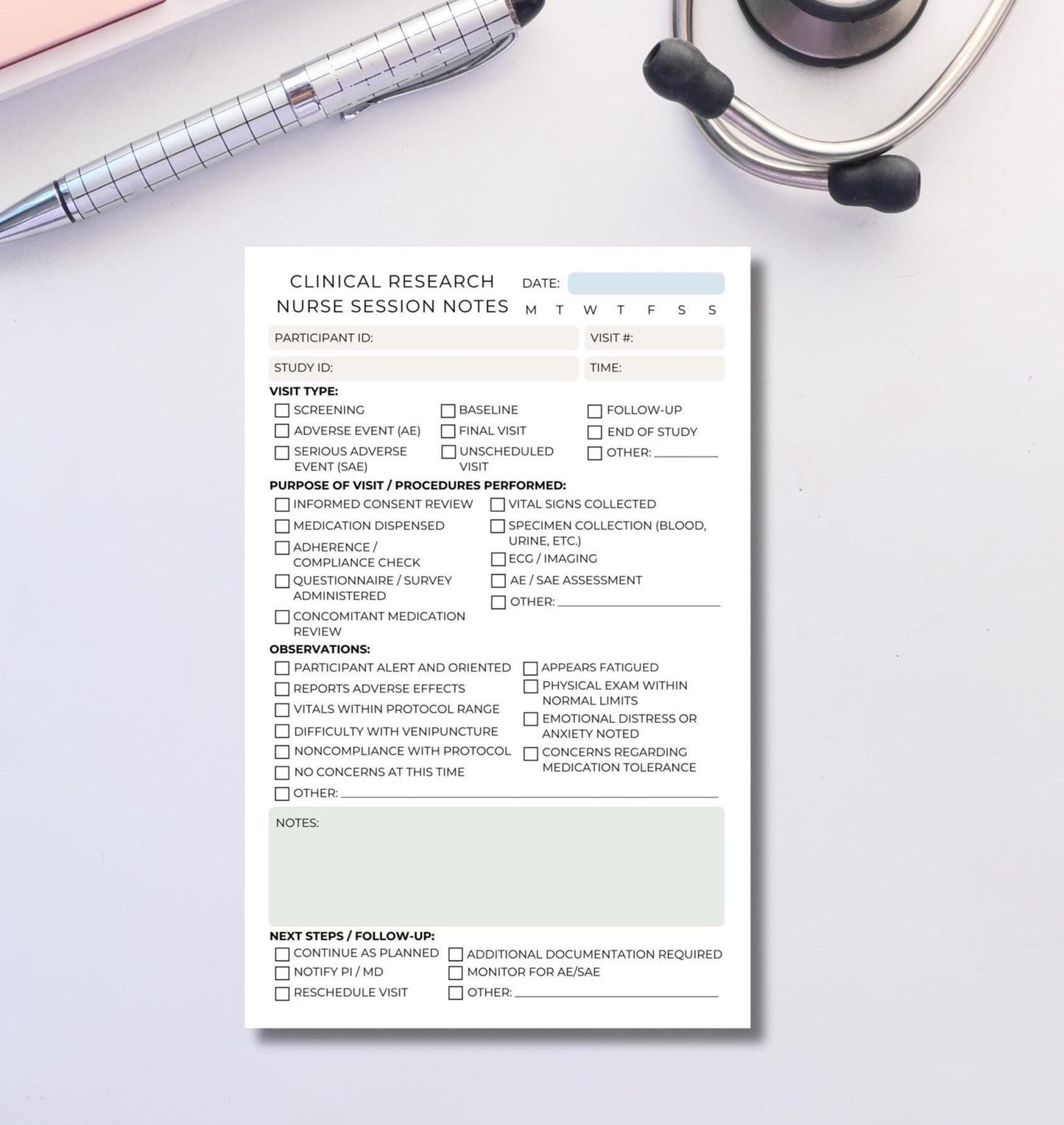 Clinical Research Nurse Session Note Notepad Clinical Trial Visit Log, Medical Research Documentation Pad Tear-Away Sheets CRN Notes Nursing